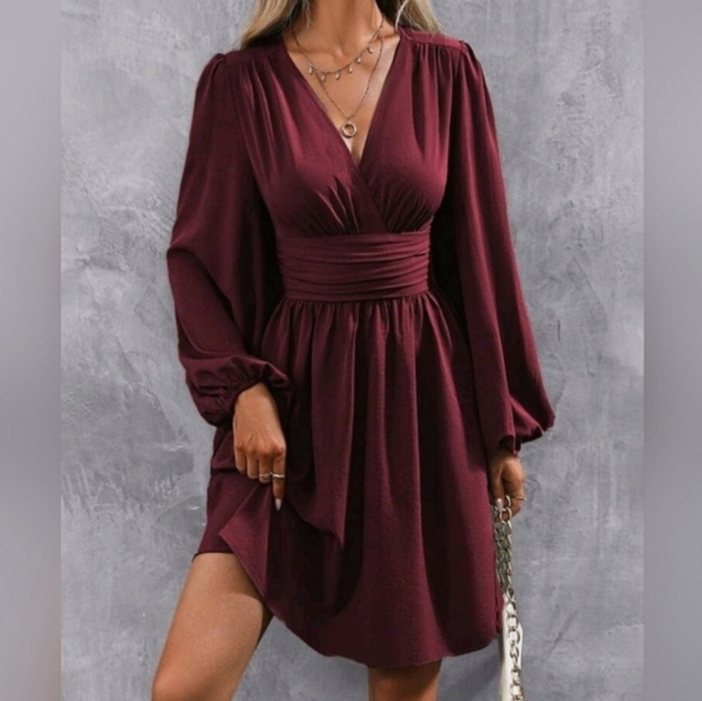 NEW Chic Ruched Waist Lantern Sleeve Dress Burgundy Red - Picture 6 of 9